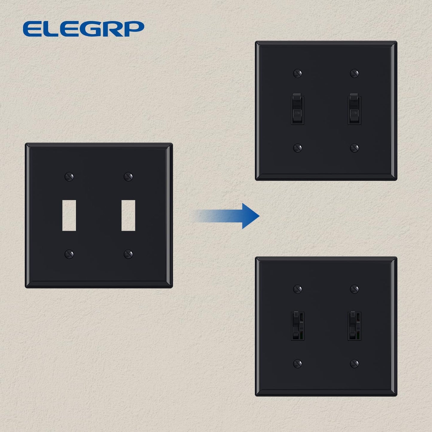 2-Pack ELEGRP 2-Gang Toggle Switch Wall Plates, 4.53" x 4.57" Unbreakable Thermoplastic Cover, Glossy Black, UL Listed