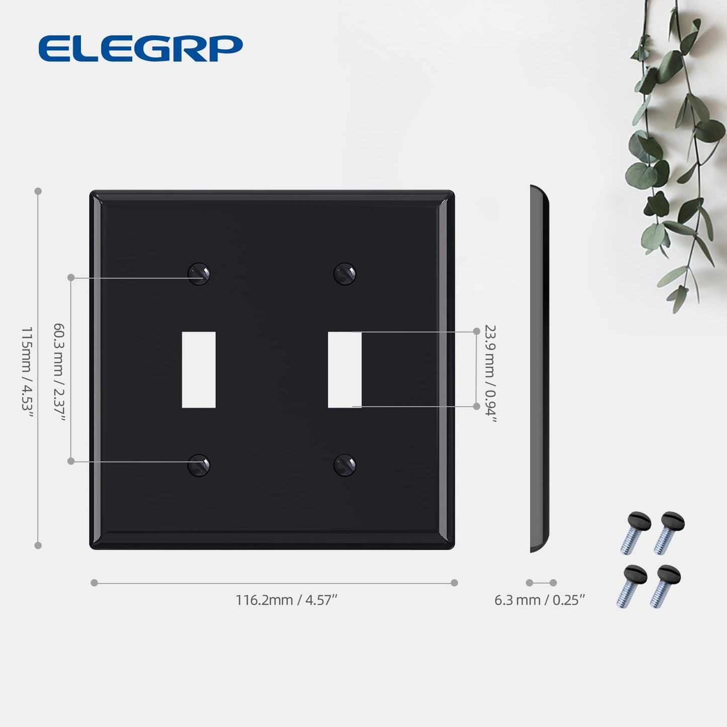 2-Pack ELEGRP 2-Gang Toggle Switch Wall Plates, 4.53" x 4.57" Unbreakable Thermoplastic Cover, Glossy Black, UL Listed