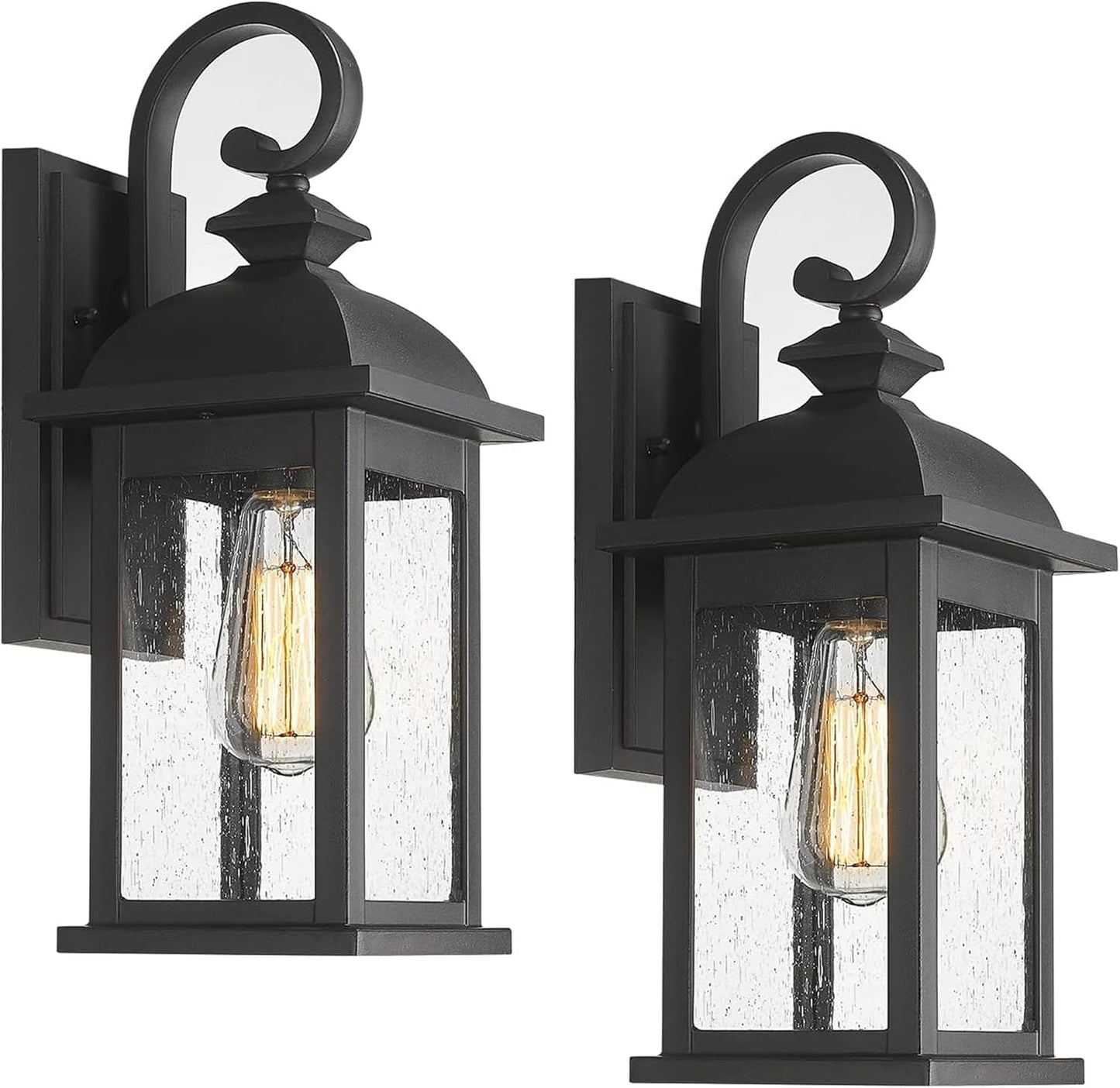 2 Pack FEMILA Outdoor Waterproof Wall Sconce with Seeded Glass Lampshade - Matte Black Finish, E26 Socket Wall Lantern for Porch - 4FD54B-2PK BK