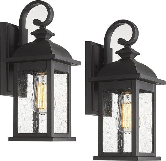 2 Pack FEMILA Outdoor Waterproof Wall Sconce with Seeded Glass Lampshade - Matte Black Finish, E26 Socket Wall Lantern for Porch - 4FD54B-2PK BK