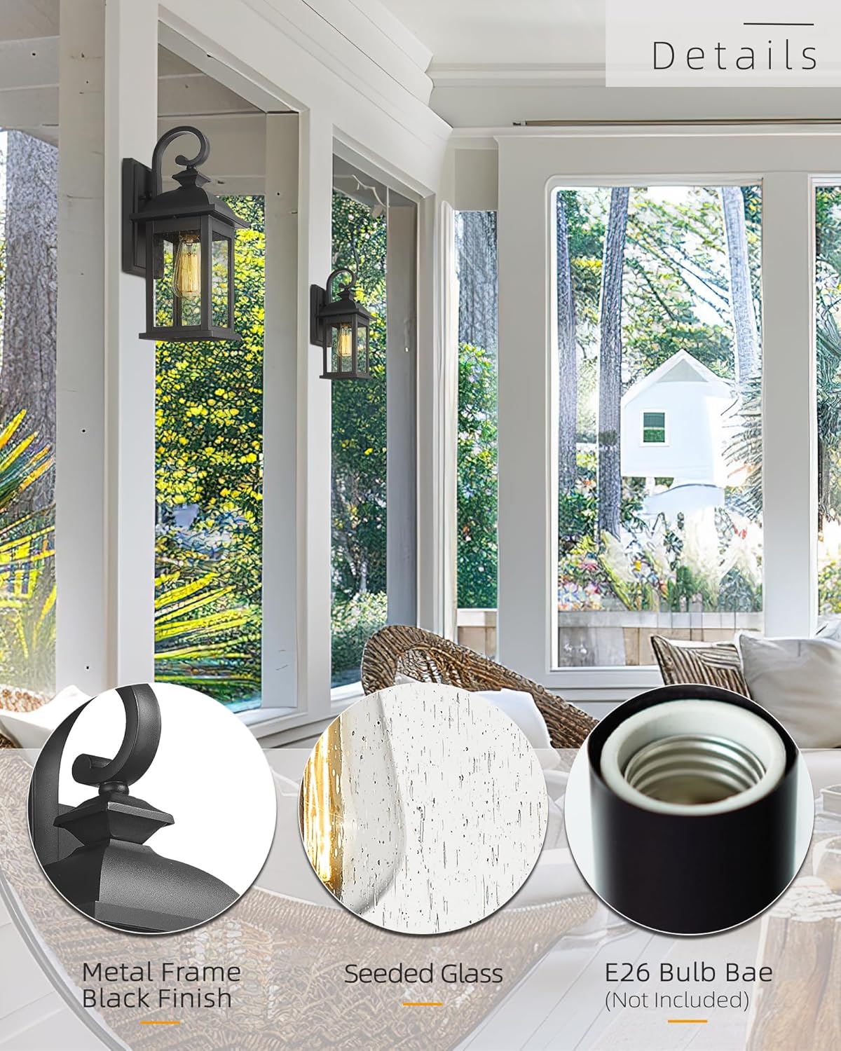 2 Pack FEMILA Outdoor Waterproof Wall Sconce with Seeded Glass Lampshade - Matte Black Finish, E26 Socket Wall Lantern for Porch - 4FD54B-2PK BK