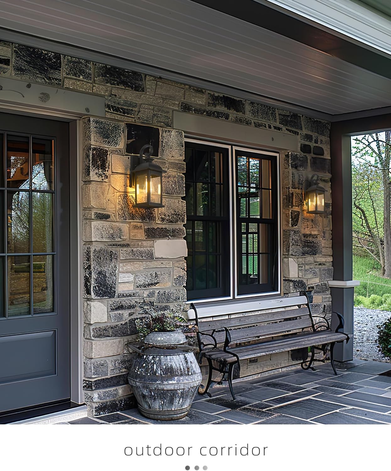 2 Pack FEMILA Outdoor Waterproof Wall Sconce with Seeded Glass Lampshade - Matte Black Finish, E26 Socket Wall Lantern for Porch - 4FD54B-2PK BK