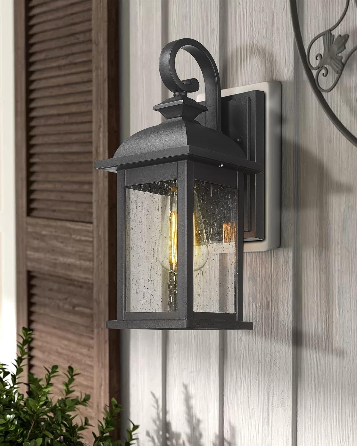 2 Pack FEMILA Outdoor Waterproof Wall Sconce with Seeded Glass Lampshade - Matte Black Finish, E26 Socket Wall Lantern for Porch - 4FD54B-2PK BK
