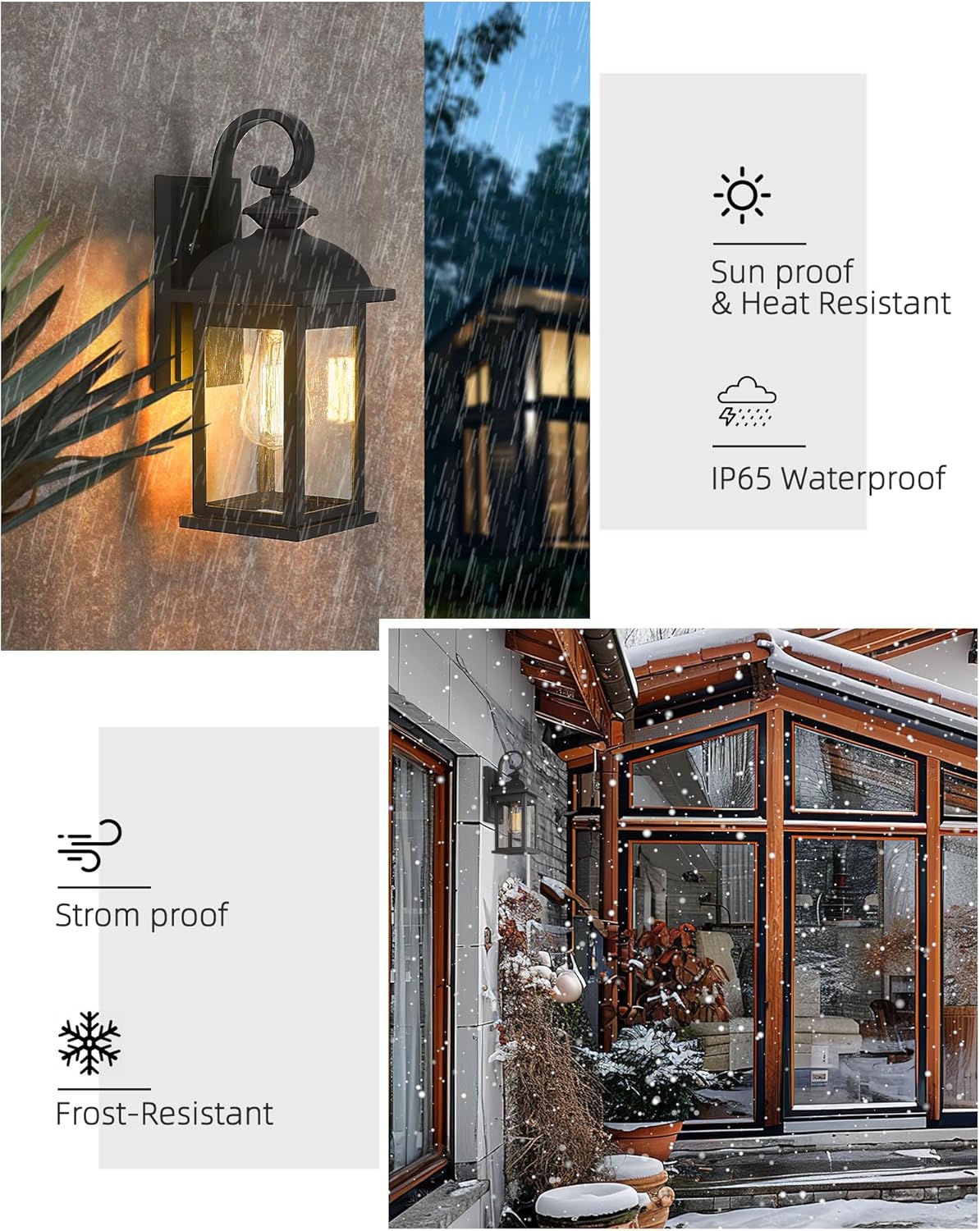 2 Pack FEMILA Outdoor Waterproof Wall Sconce with Seeded Glass Lampshade - Matte Black Finish, E26 Socket Wall Lantern for Porch - 4FD54B-2PK BK