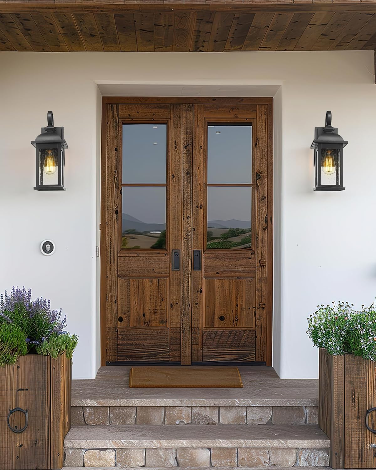 2 Pack FEMILA Outdoor Waterproof Wall Sconce with Seeded Glass Lampshade - Matte Black Finish, E26 Socket Wall Lantern for Porch - 4FD54B-2PK BK