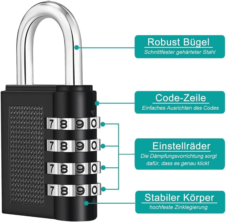 2 Pack Fixinus 4 Digit Combination Locks for School Gym Sports Locker, Fence, Toolbox - Zinc Alloy Padlocks for Hasp Cabinet Storage Case - Black - WildKart