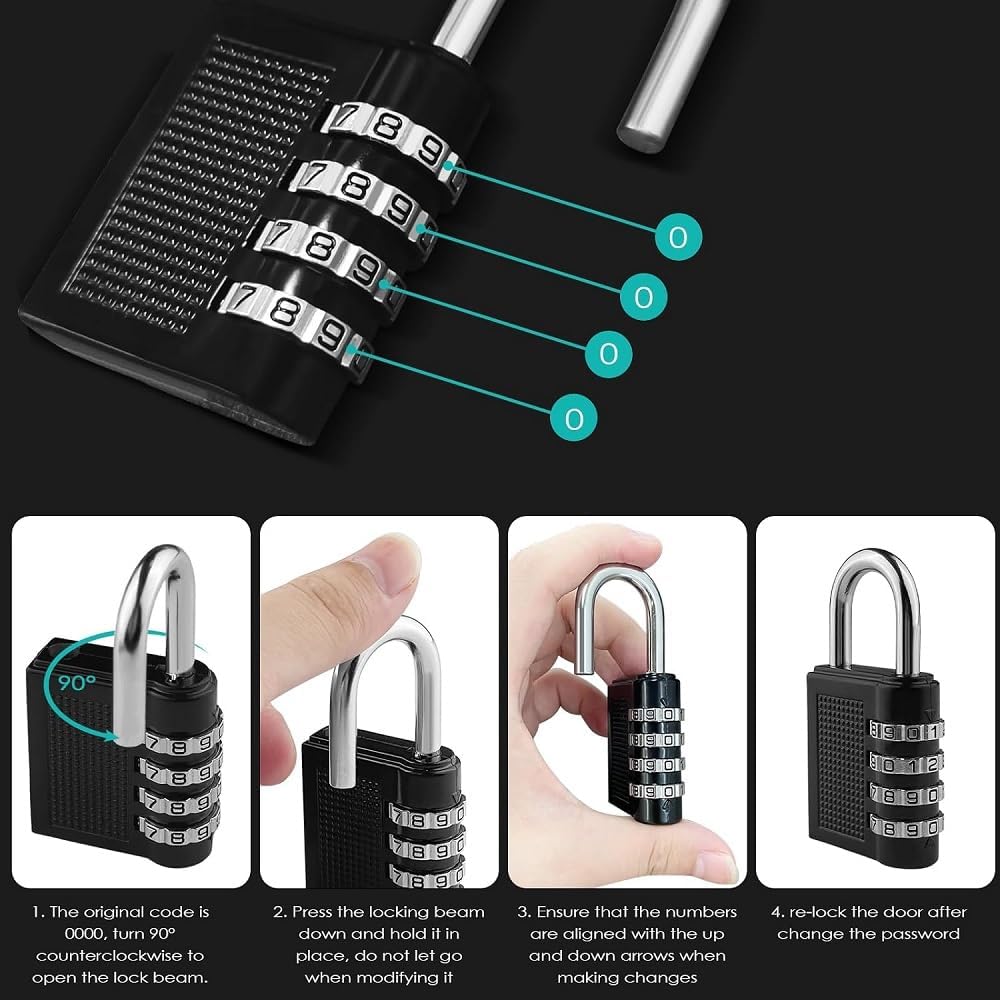 2 Pack Fixinus 4 Digit Combination Locks for School Gym Sports Locker, Fence, Toolbox - Zinc Alloy Padlocks for Hasp Cabinet Storage Case - Black - WildKart