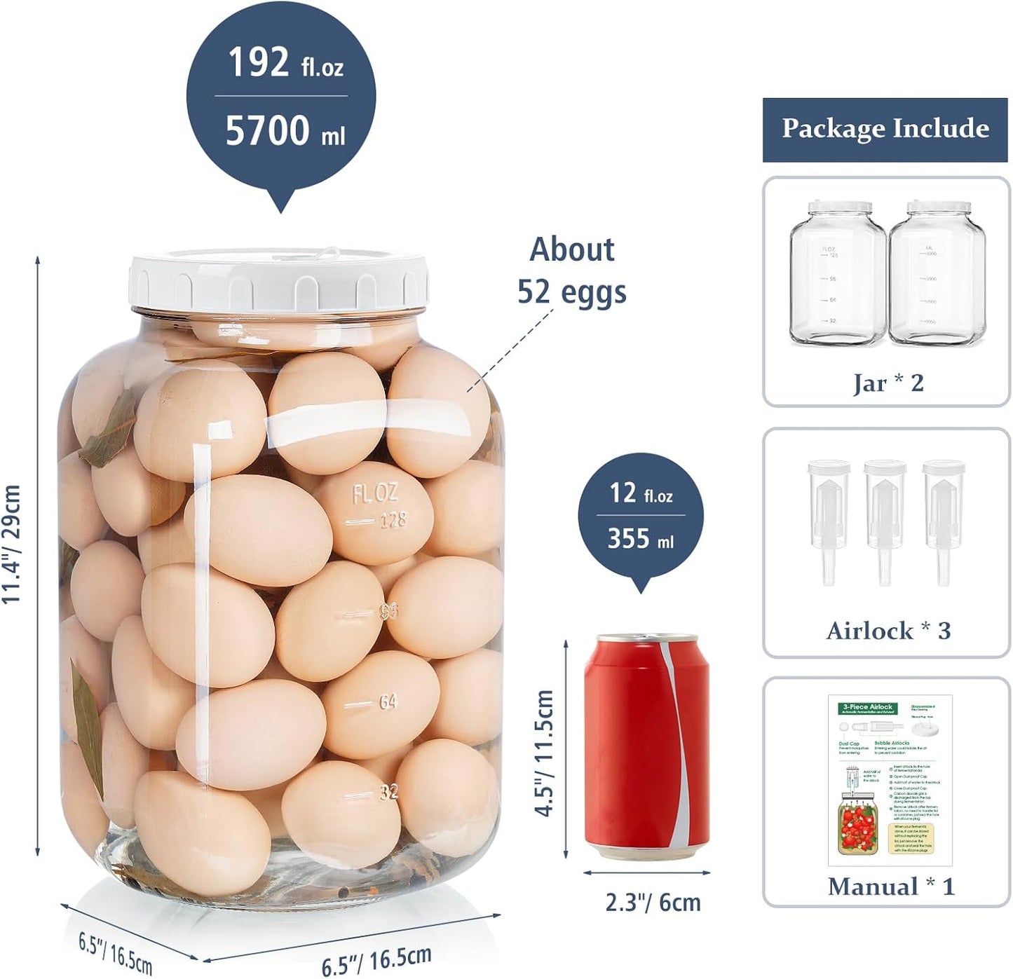 2-Pack Folinstall 1.5 Gallon Fermentation Jars with Airtight Lids, Airlocks, and Scale Marks - Wide Mouth Glass Mason Jars for Pickles, Mead, and Kimchi