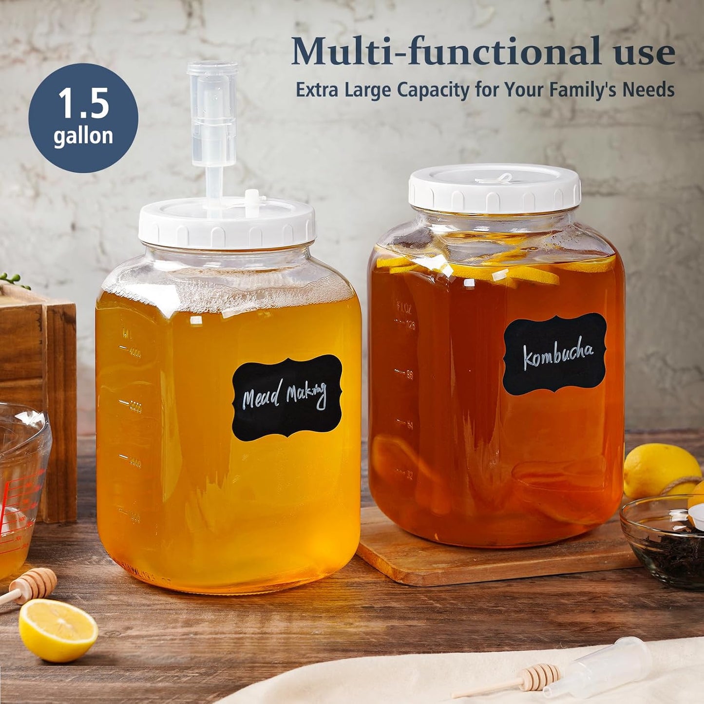 2-Pack Folinstall 1.5 Gallon Fermentation Jars with Airtight Lids, Airlocks, and Scale Marks - Wide Mouth Glass Mason Jars for Pickles, Mead, and Kimchi
