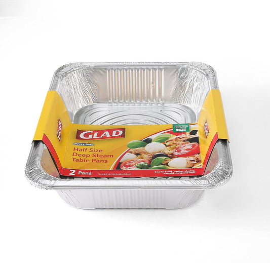 2-Pack Glad Disposable Aluminum Half Size Deep Steam Pans - 12.5” x 10.25” x 2.5” Foil Pans for Steaming - Disposable Steamware Pans