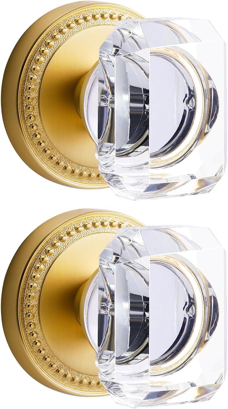2 Pack Gold Crystal Dummy Door Knobs - Brushed Gold Square Glass Interior Knobs Single Sided Decorative Handle