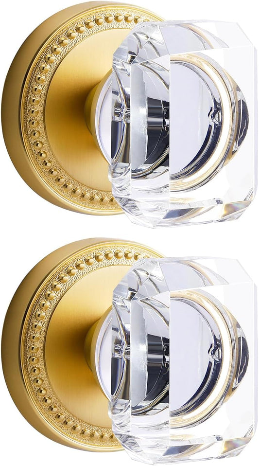 2 Pack Gold Crystal Dummy Door Knobs - Brushed Gold Square Glass Interior Knobs Single Sided Decorative Handle