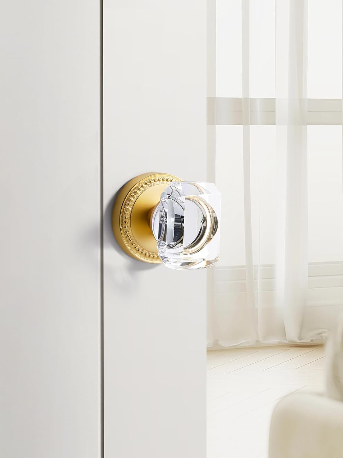 2 Pack Gold Crystal Dummy Door Knobs - Brushed Gold Square Glass Interior Knobs Single Sided Decorative Handle