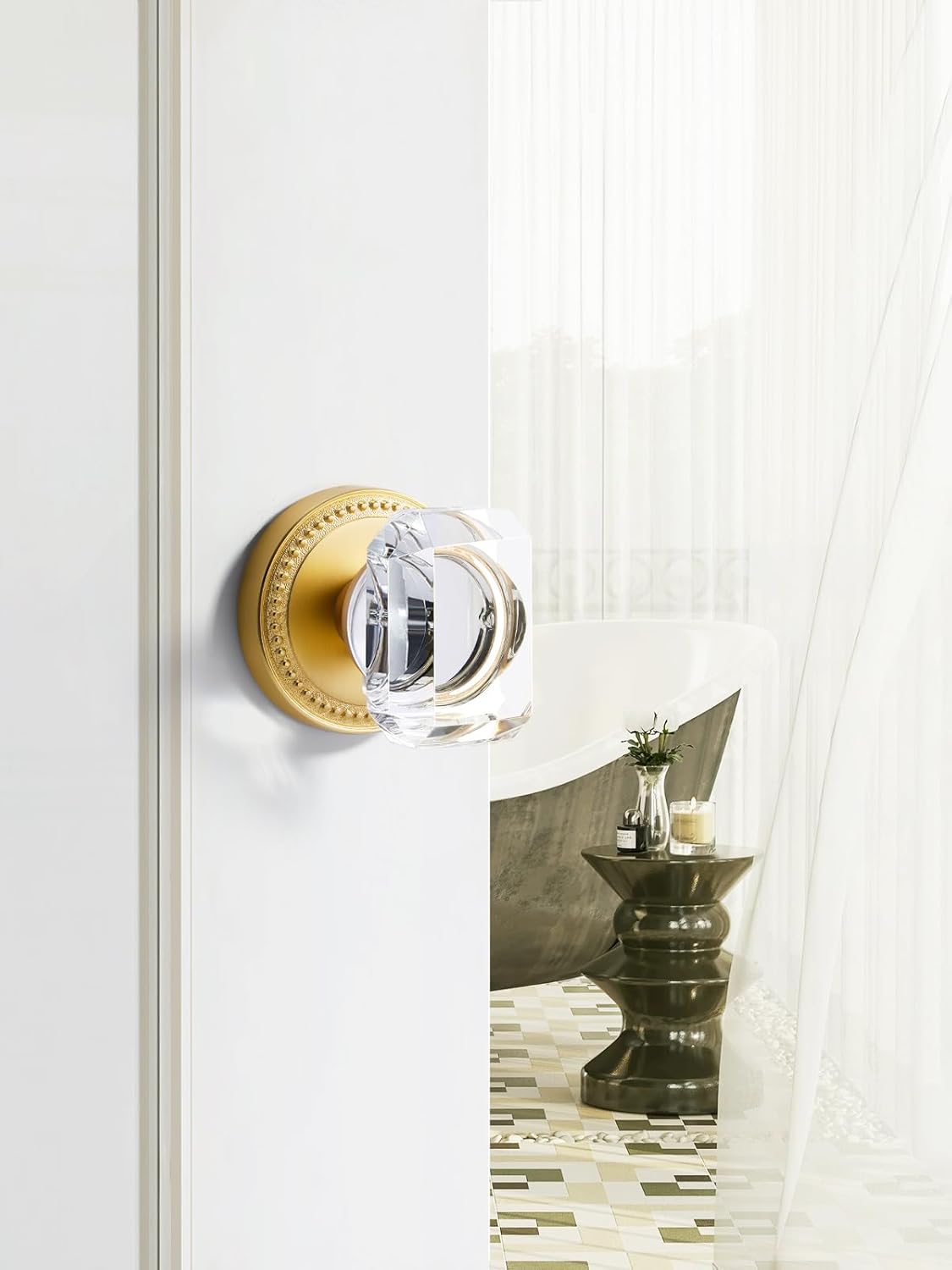 2 Pack Gold Crystal Dummy Door Knobs - Brushed Gold Square Glass Interior Knobs Single Sided Decorative Handle