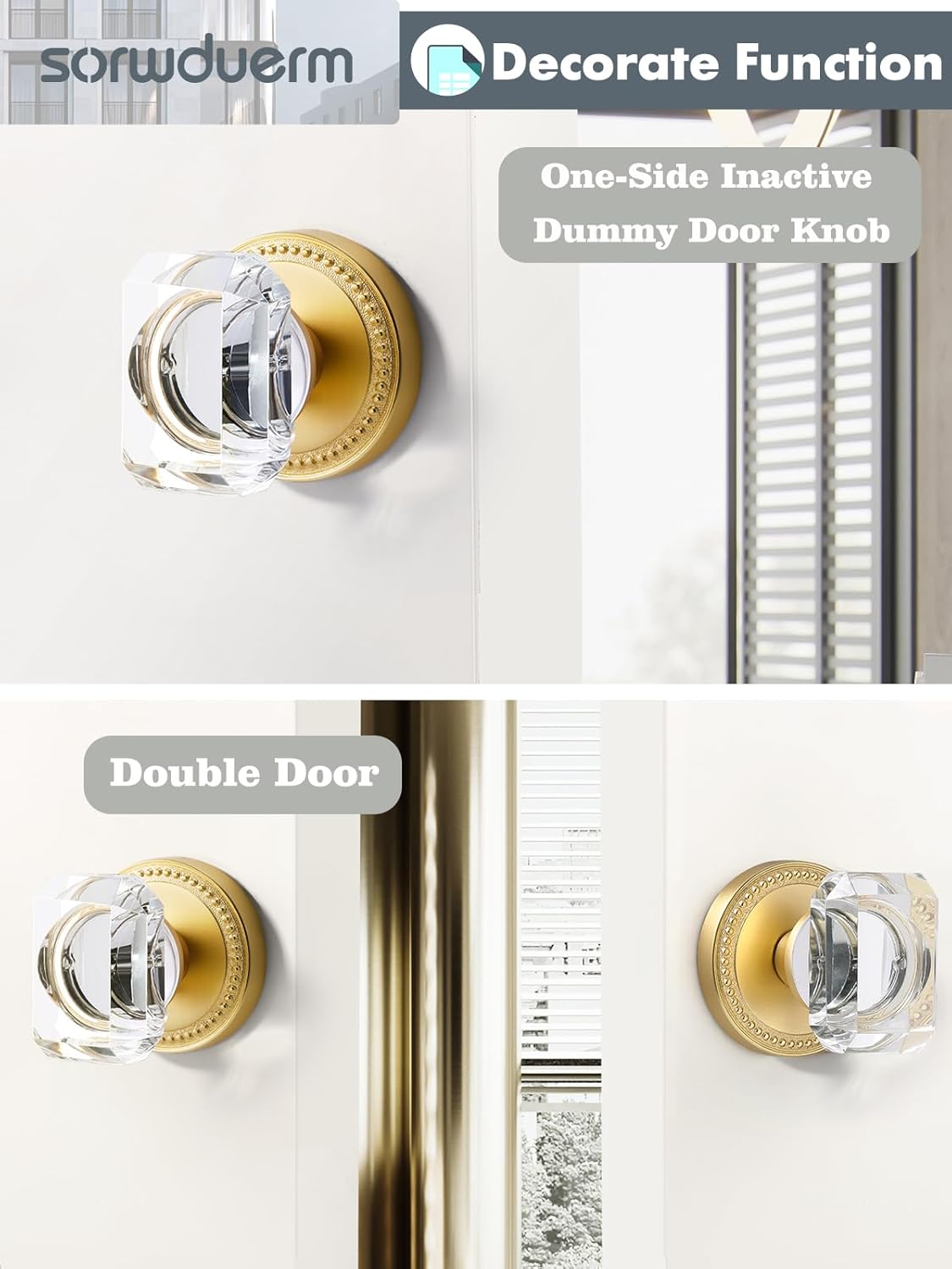 2 Pack Gold Crystal Dummy Door Knobs - Brushed Gold Square Glass Interior Knobs Single Sided Decorative Handle