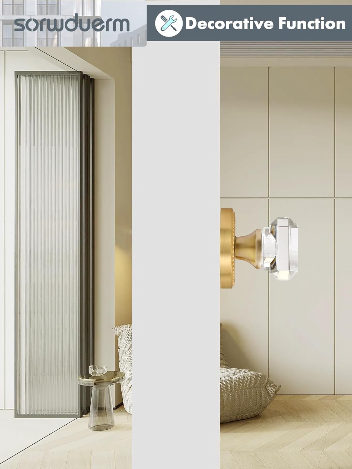 2 Pack Gold Crystal Dummy Door Knobs - Brushed Gold Square Glass Interior Knobs Single Sided Decorative Handle