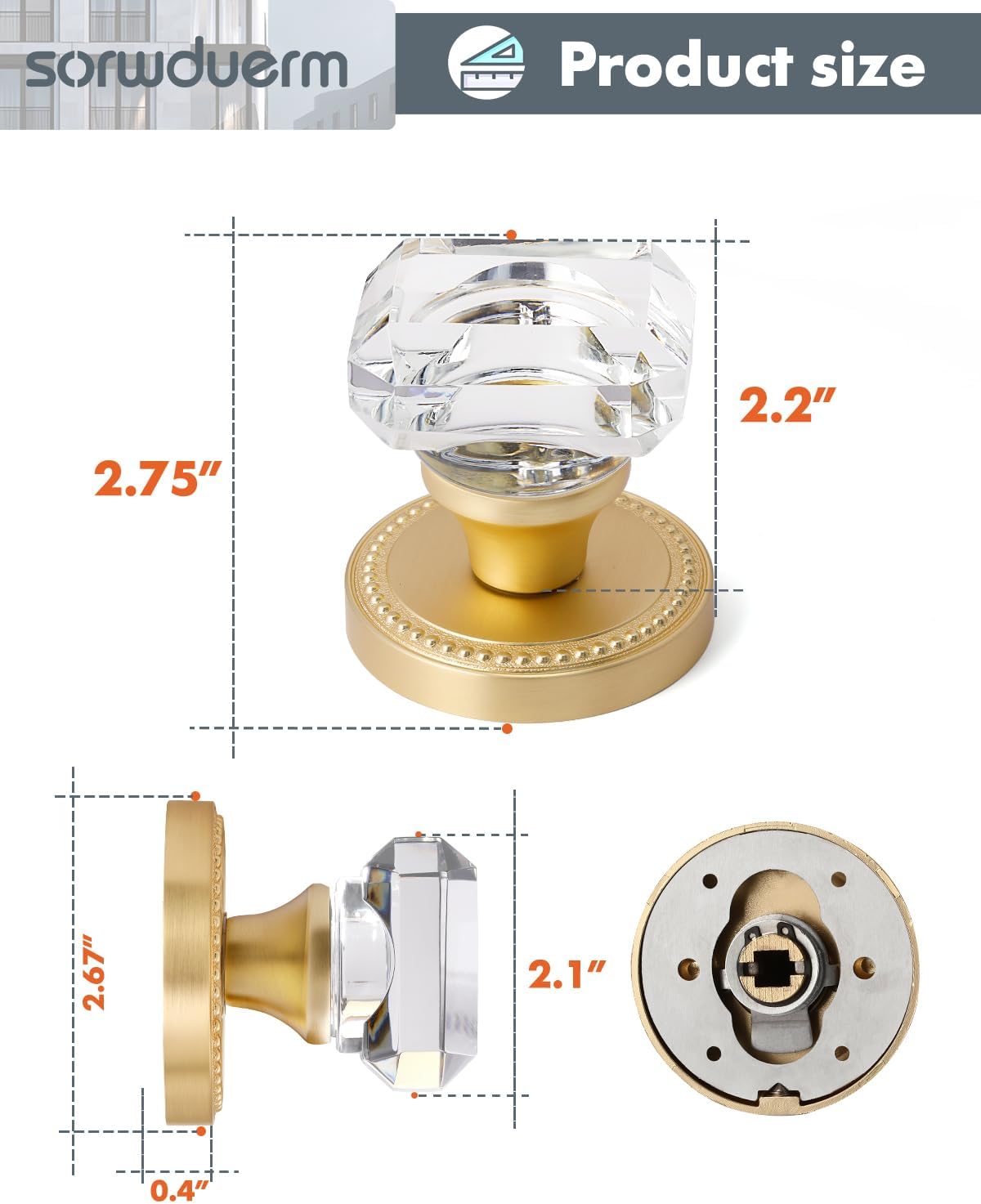 2 Pack Gold Crystal Dummy Door Knobs - Brushed Gold Square Glass Interior Knobs Single Sided Decorative Handle
