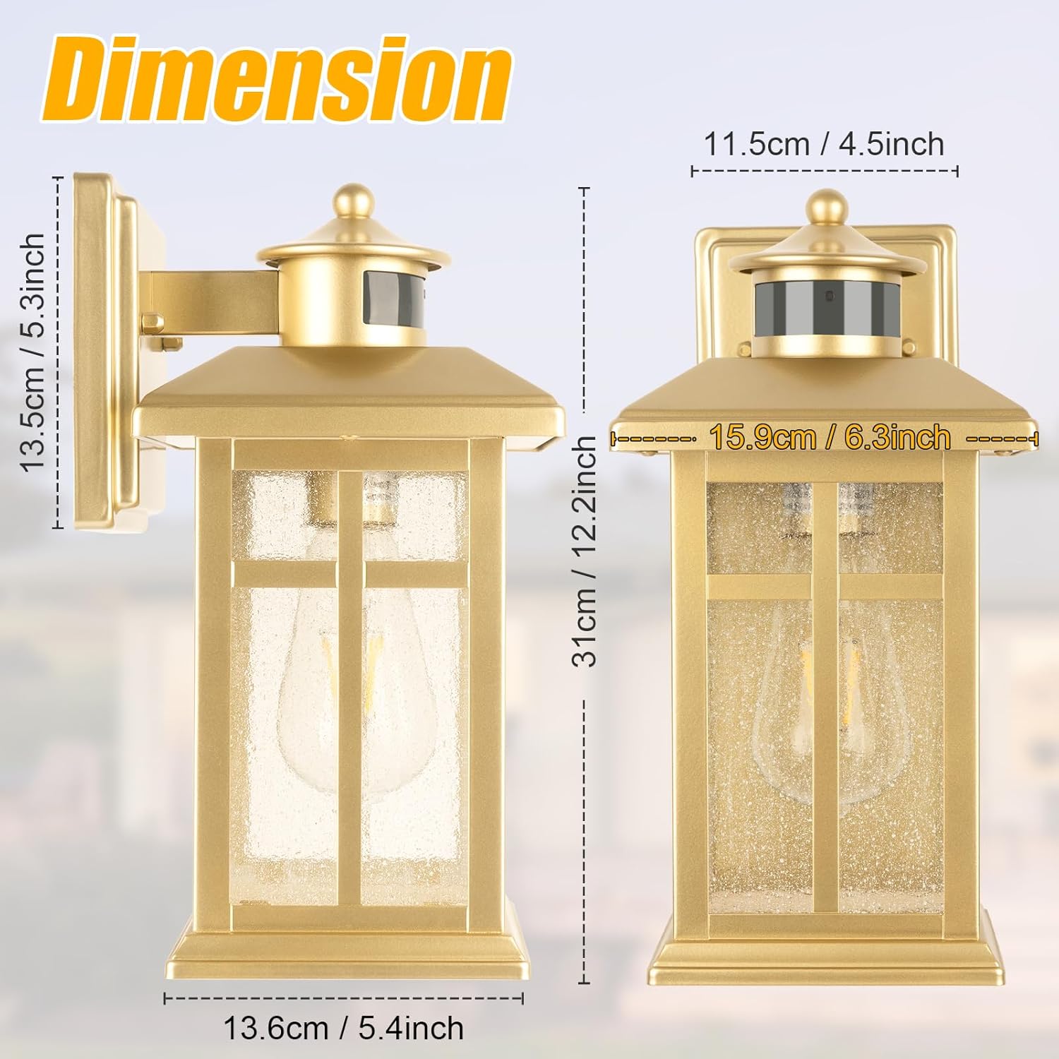 2-Pack Gold Exterior Motion Wall Sconces - Waterproof Outdoor Wall Lights for House, Dusk to Dawn Lighting for Doorway, Garden - E26 Socket