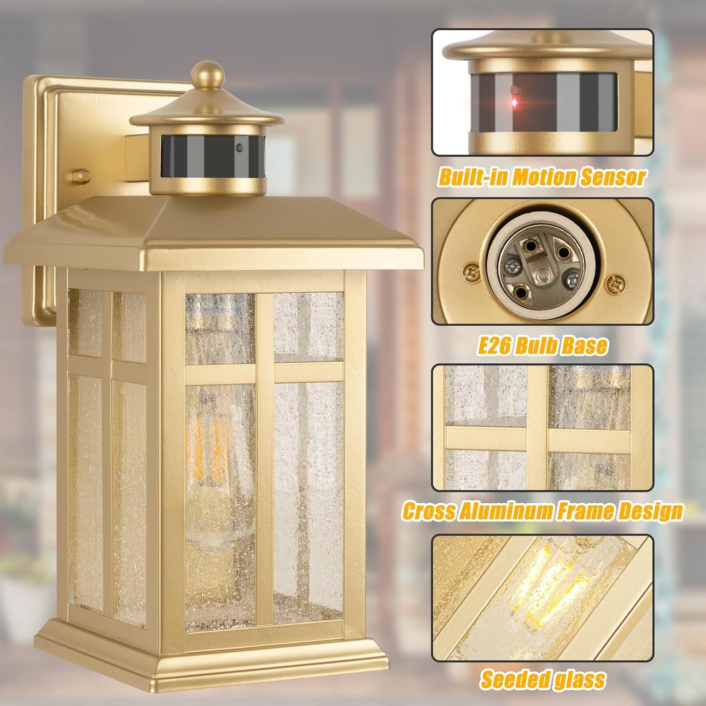 2-Pack Gold Exterior Motion Wall Sconces - Waterproof Outdoor Wall Lights for House, Dusk to Dawn Lighting for Doorway, Garden - E26 Socket