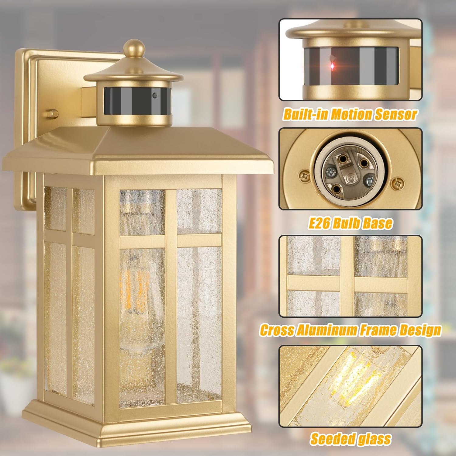 2-Pack Gold Exterior Motion Wall Sconces - Waterproof Outdoor Wall Lights for House, Dusk to Dawn Lighting for Doorway, Garden - E26 Socket