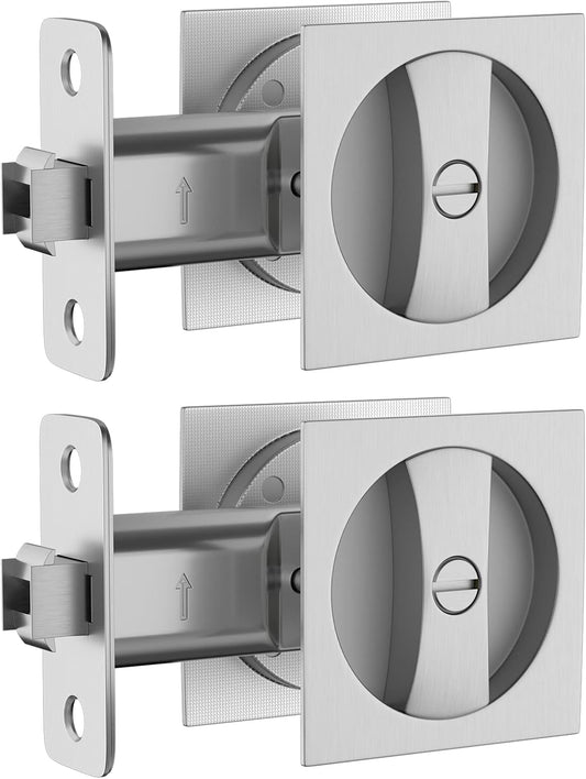 2 Pack goldenwarm Satin Nickel Privacy Square Pocket Door Locks - Commercial Grade Bed/Bath Pocket Door Hardware - 2-3/8" Backset Flush Locks