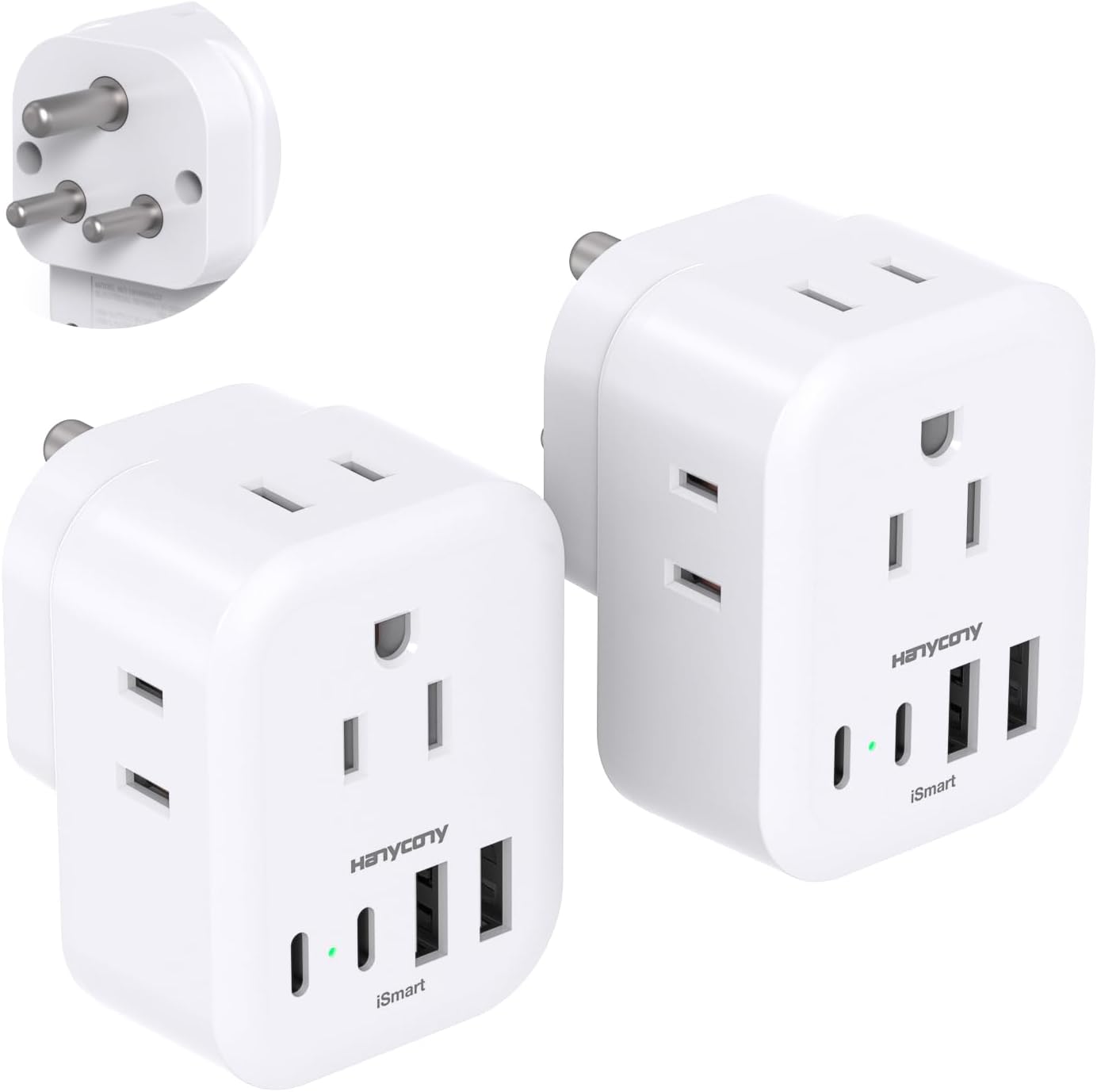 2 Pack HANYCONY US to India Plug Adapter with 4 Outlets & 4 USB Charger - Type D Travel Converter for USA to India, Bangladesh, Maldives, Pakistan, Nepal, Sudan