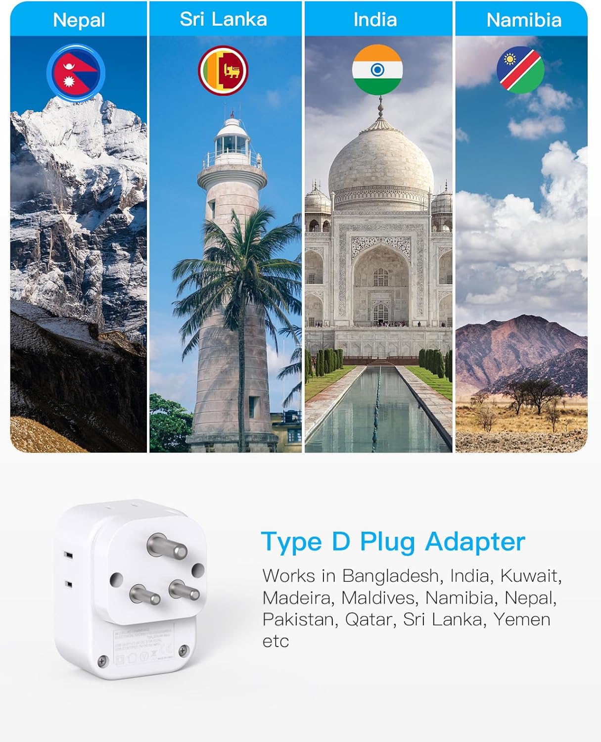 2 Pack HANYCONY US to India Plug Adapter with 4 Outlets & 4 USB Charger - Type D Travel Converter for USA to India, Bangladesh, Maldives, Pakistan, Nepal, Sudan