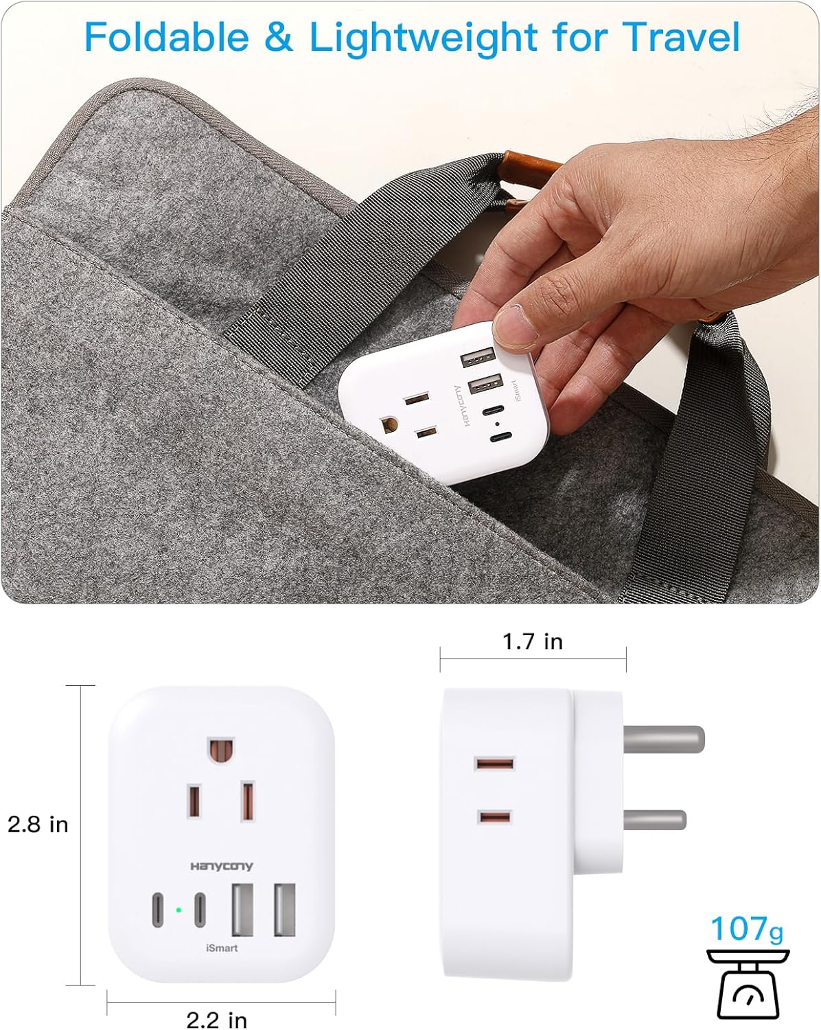 2 Pack HANYCONY US to India Plug Adapter with 4 Outlets & 4 USB Charger - Type D Travel Converter for USA to India, Bangladesh, Maldives, Pakistan, Nepal, Sudan