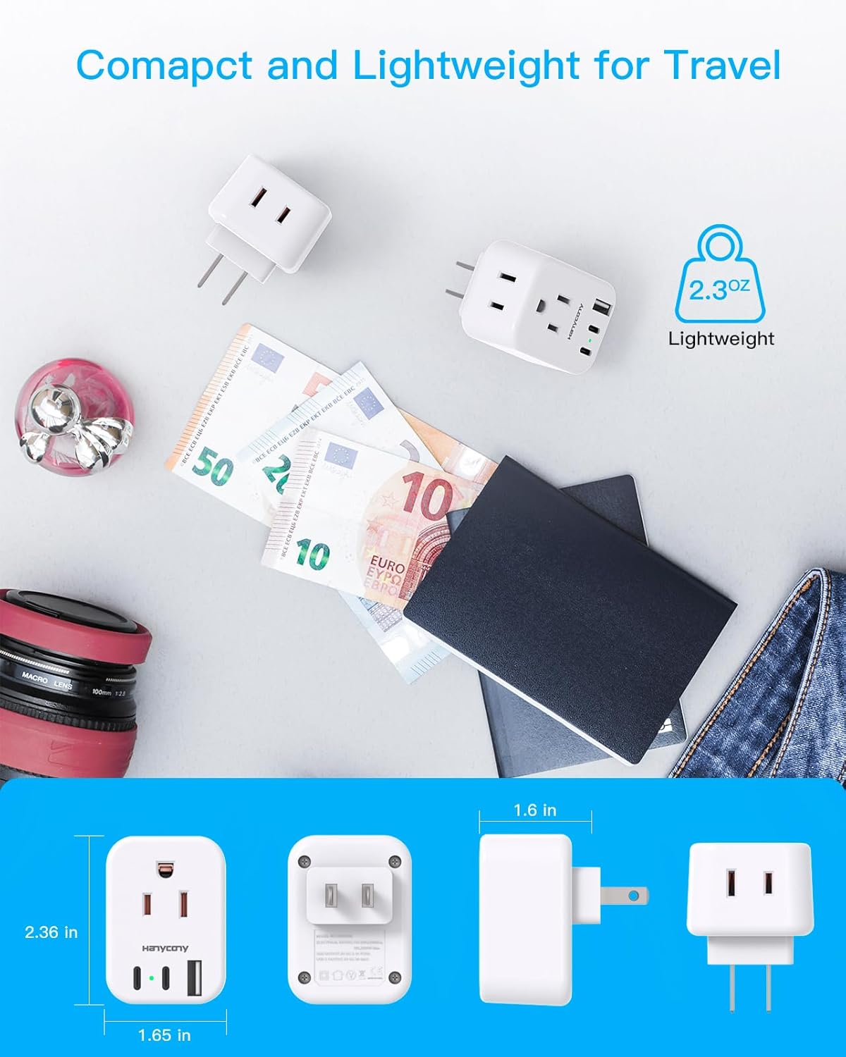 2 Pack HANYCONY US to Japan Plug Adapter with 2 Outlets and 3 USB Ports - Travel Power Adapter for American Devices in Japan