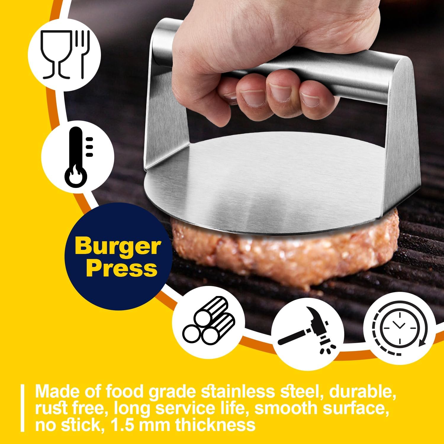 2 Pack HaSteeL 6" Round Stainless Steel Burger Press Smashers for Griddle Grill - Perfect for Bacon, Steak, Sandwiches, and Hash Browns - Non-Stick and Dishwasher Safe - Indoor and Outdoor Use