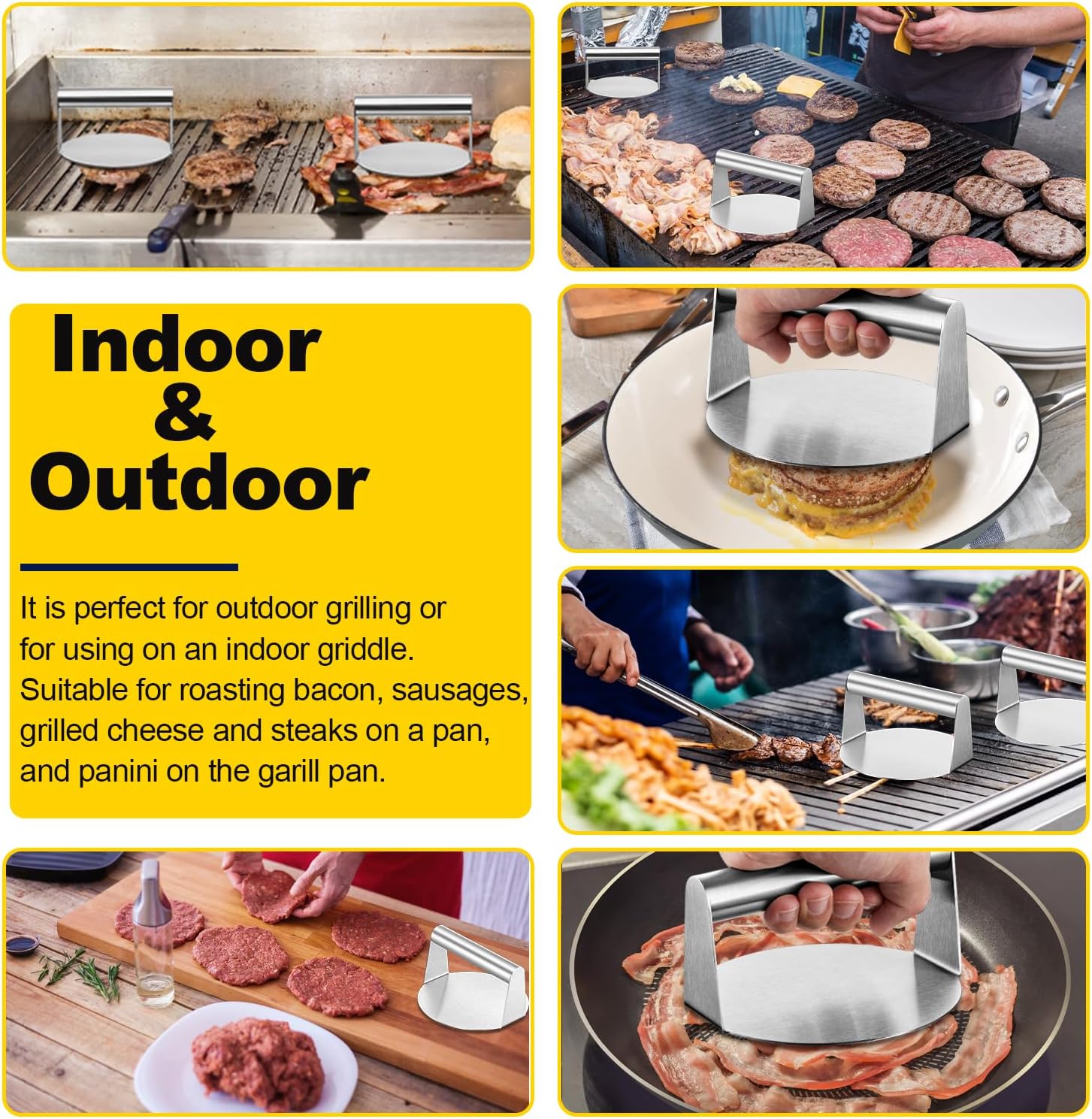 2 Pack HaSteeL 6" Round Stainless Steel Burger Press Smashers for Griddle Grill - Perfect for Bacon, Steak, Sandwiches, and Hash Browns - Non-Stick and Dishwasher Safe - Indoor and Outdoor Use