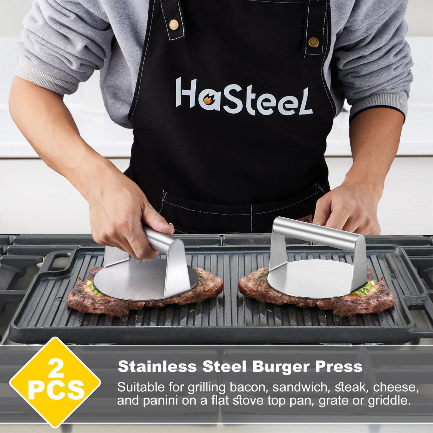 2 Pack HaSteeL 6" Round Stainless Steel Burger Press Smashers for Griddle Grill - Perfect for Bacon, Steak, Sandwiches, and Hash Browns - Non-Stick and Dishwasher Safe - Indoor and Outdoor Use