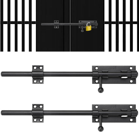 2 Pack Heavy-Duty 12" Slide Bolt Latches in 304 Stainless Steel with Padlock Hole - Matte Black Barrel Bolt Locks for Gates, Barns, Fences