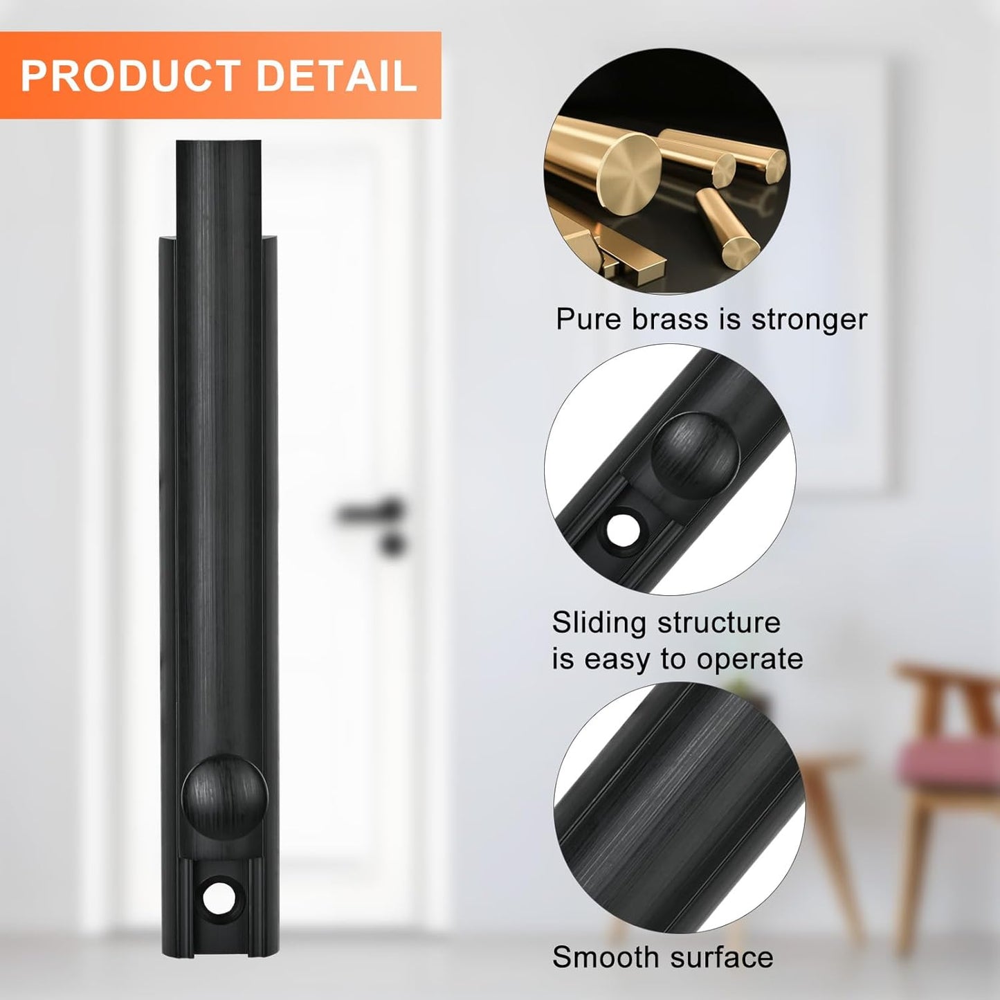 2 Pack Heavy Duty 4 Inch Solid Brass Surface Bolt for Doors - Concealed Slide Black Bolt