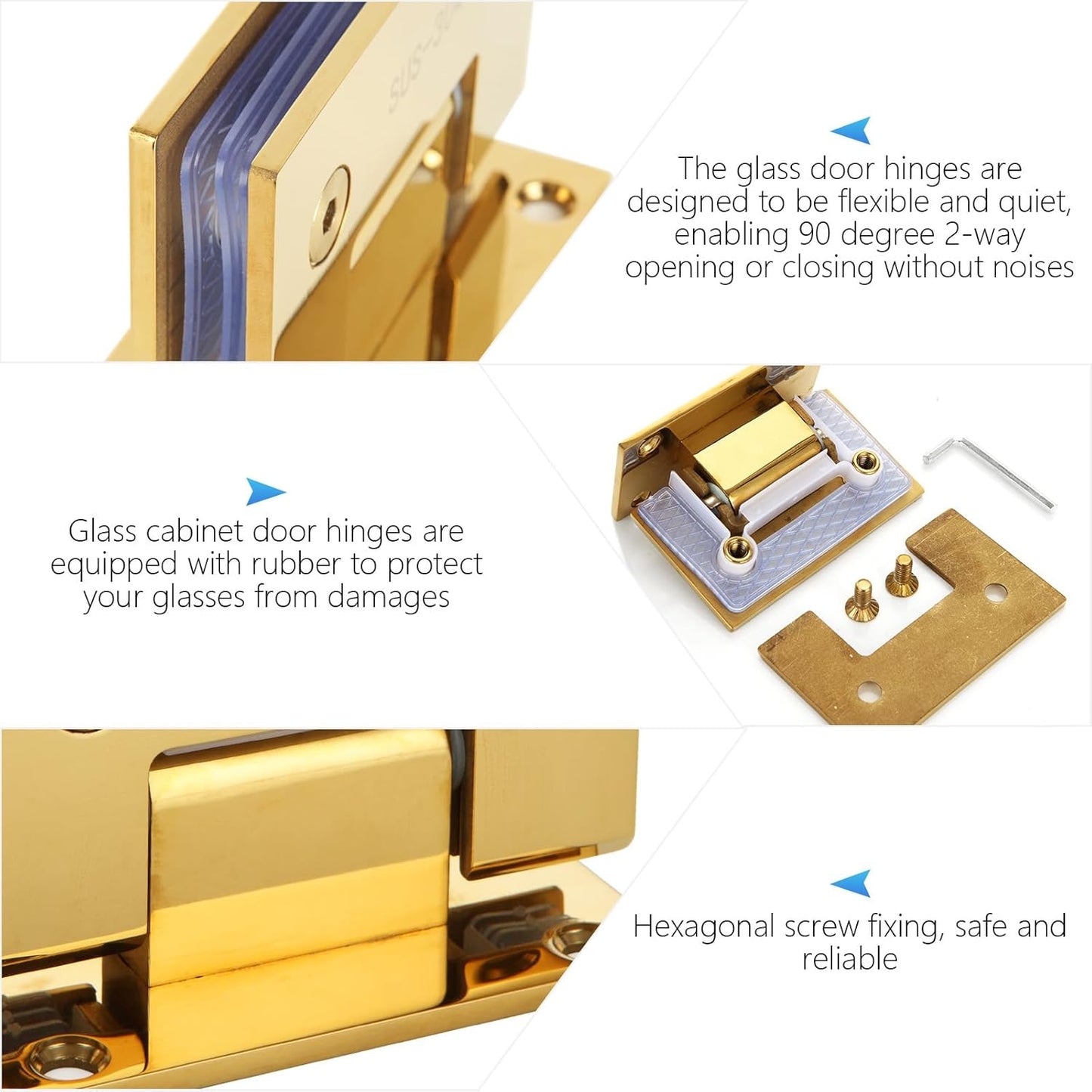 2 Pack Heavy Duty 90 Degree Glass Door Hinges for 8-12 mm Frameless Shower Doors - Stainless Steel Bathroom Gate Clamp - Wall-to-Glass Replacement Part