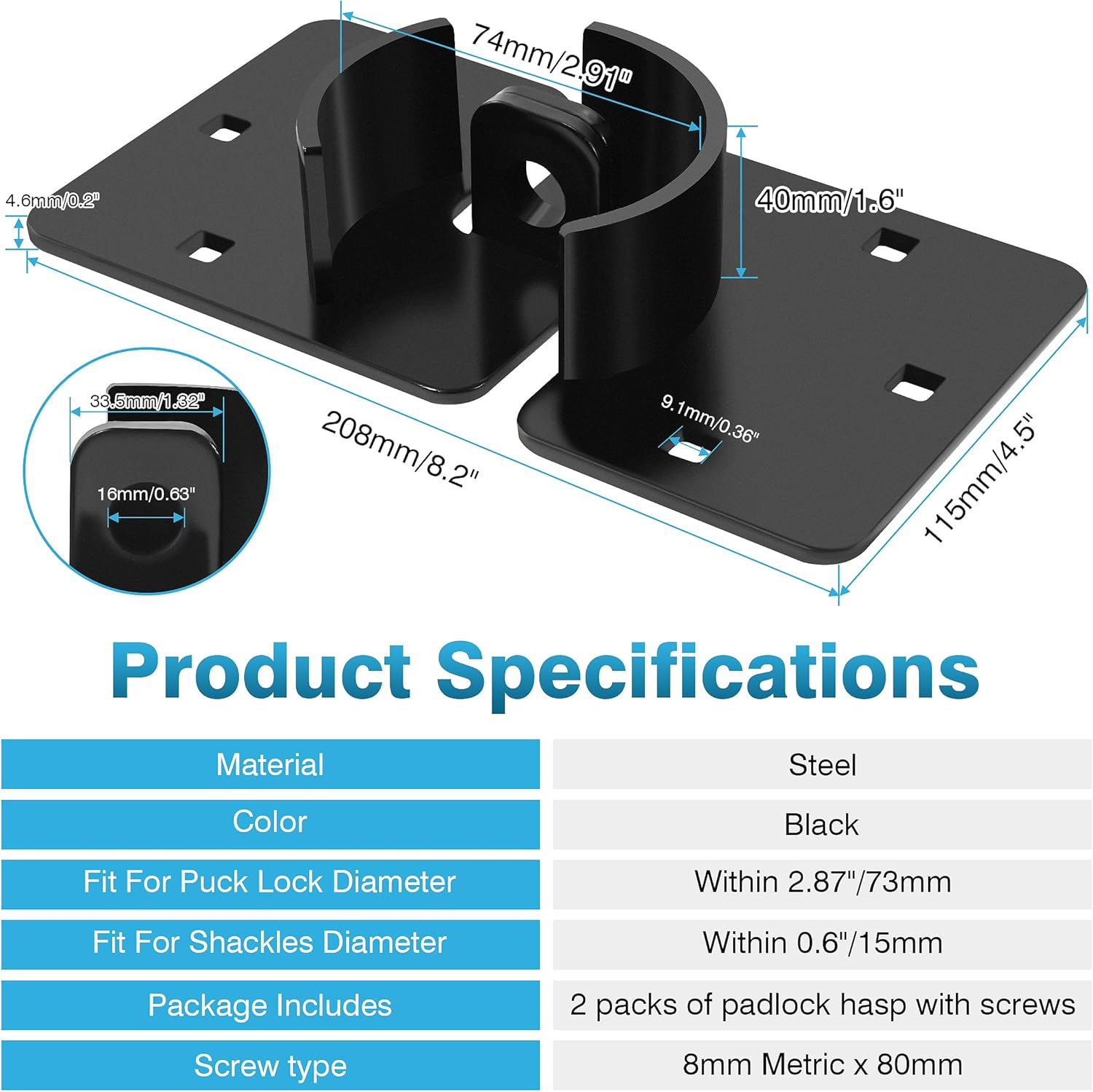 2-Pack Heavy Duty Hidden Shackle Lock Set with Hasp Holder for Trailers - Black, Keyed Different, 2-7/8" Padlock