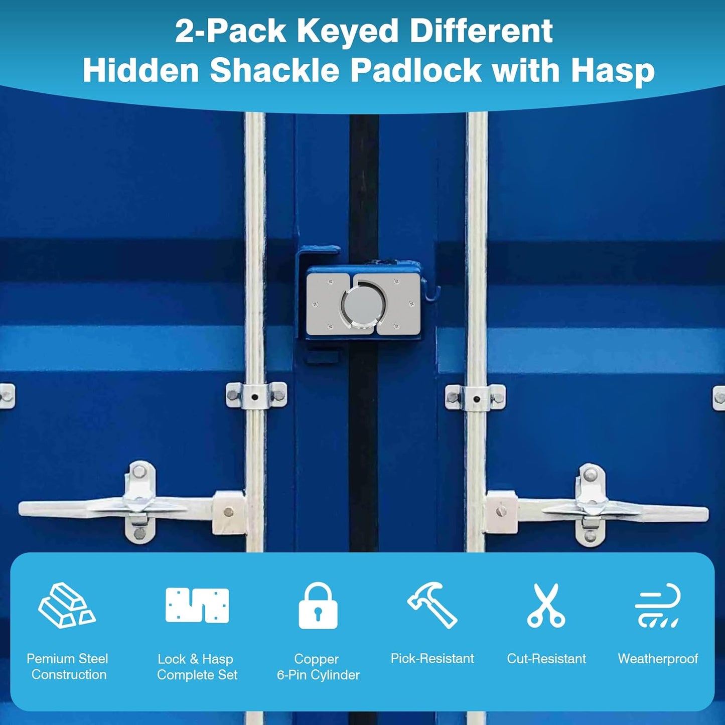 2-Pack Heavy Duty Hidden Shackle Lock Set with Keyed Different Hasp and Steel Puck Lock Holder Bracket for Trailer Door