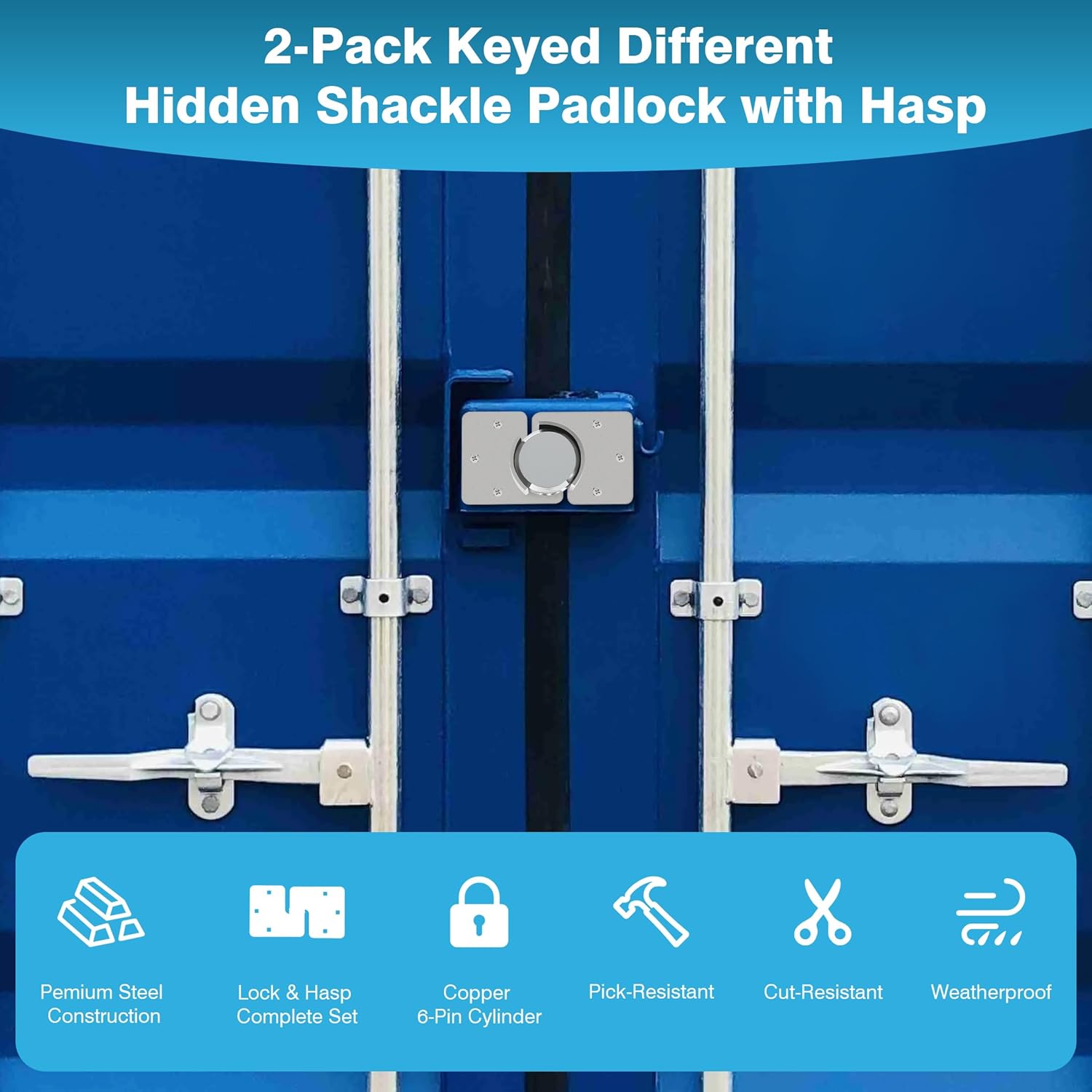 2-Pack Heavy Duty Hidden Shackle Lock Set with Keyed Different Hasp and Steel Puck Lock Holder Bracket for Trailer Door
