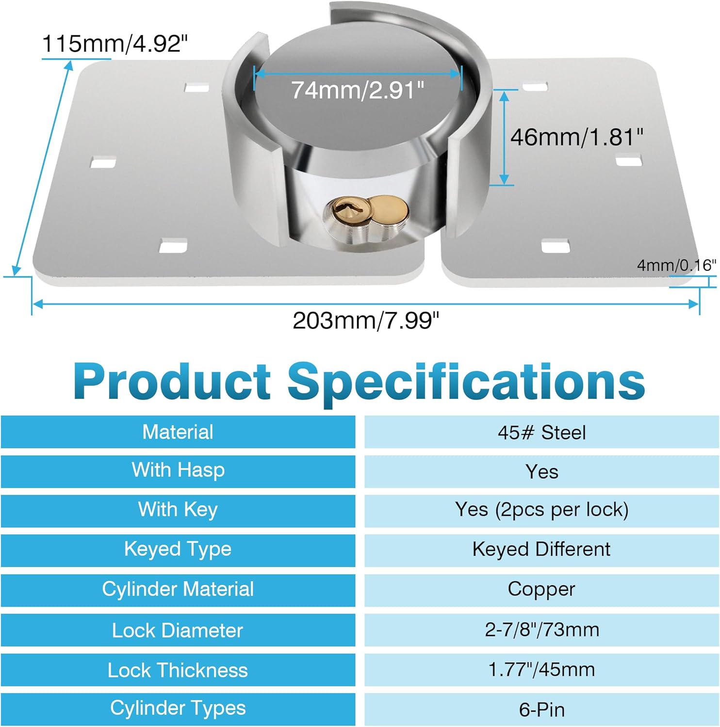 2-Pack Heavy Duty Hidden Shackle Lock Set with Keyed Different Hasp and Steel Puck Lock Holder Bracket for Trailer Door