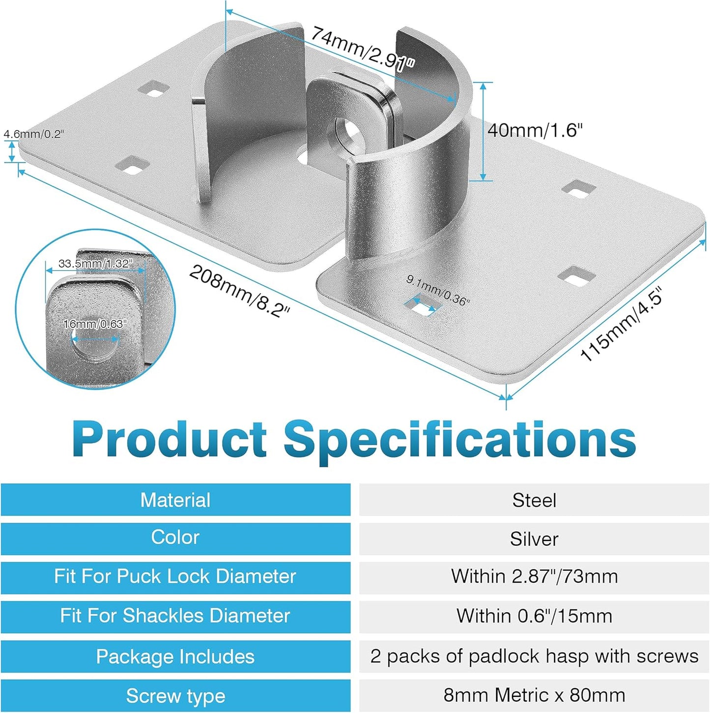 2-Pack Heavy Duty Hidden Shackle Lock Set with Keyed Different Hasp and Steel Puck Lock Holder Bracket for Trailer Door
