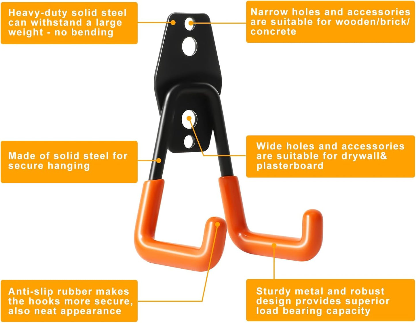 2 Pack Heavy Duty Metal Wall Hooks for Garage Tool Organization - Holds Ladder, Extension, Garden Tools, Small Utilities, Hoses - Indoor/Outdoor Storage