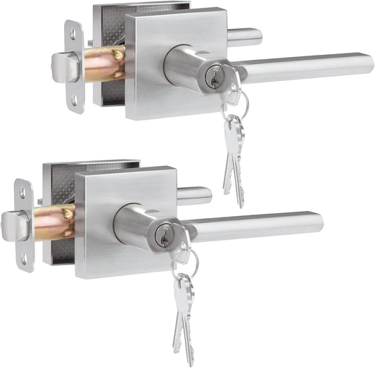2 Pack Heavy Duty Satin Nickel Exterior Door Handle with Lock and Key for Commercial and Residential Areas - Modern Entrance Lever for Front Door