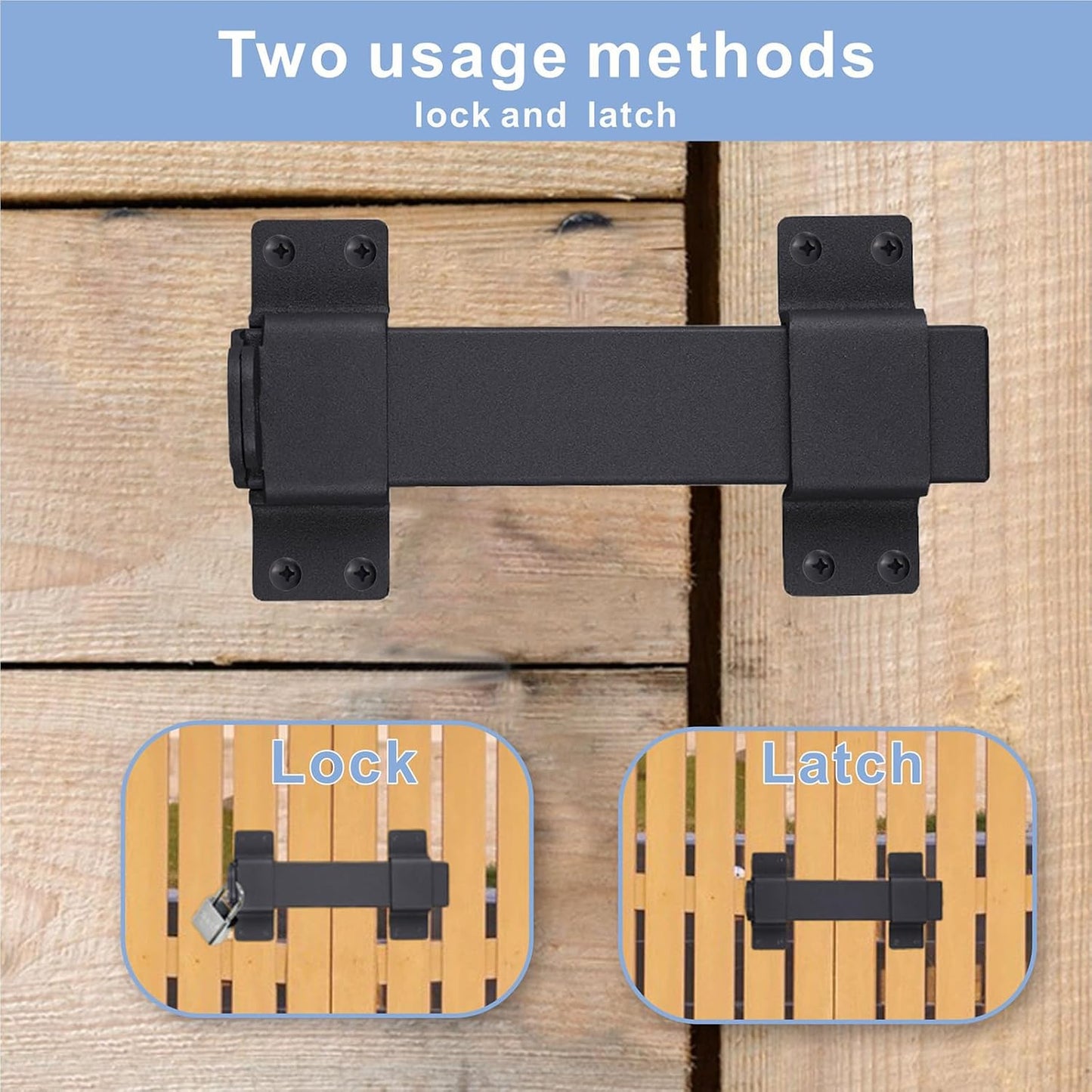 2 Pack Heavy Duty Slide Gate Latch with Padlock Hole for Wooden Fences, Barn Doors, Outdoor Gates - Matte Black