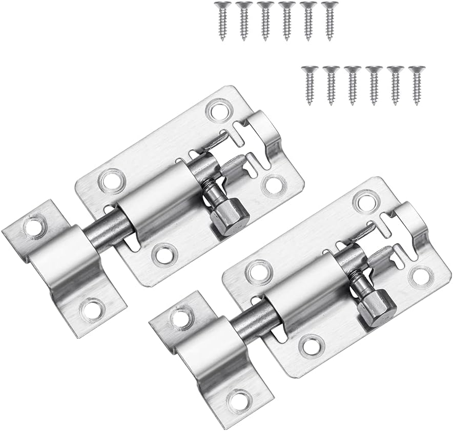 2 Pack Heavy Duty Stainless Steel Slide Latch Locks - 2 Inch Barrel Bolt Locks for Doors, Bedrooms, Chests, Cabinets, Windows, Fences - Includes Screws