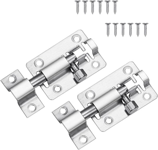 2 Pack Heavy Duty Stainless Steel Slide Latch Locks - 2 Inch Barrel Bolt Locks for Doors, Bedrooms, Chests, Cabinets, Windows, Fences - Includes Screws