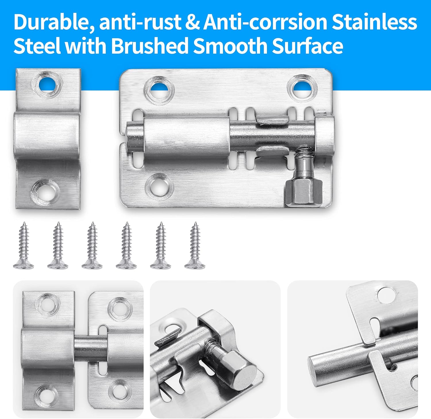 2 Pack Heavy Duty Stainless Steel Slide Latch Locks - 2 Inch Barrel Bolt Locks for Doors, Bedrooms, Chests, Cabinets, Windows, Fences - Includes Screws