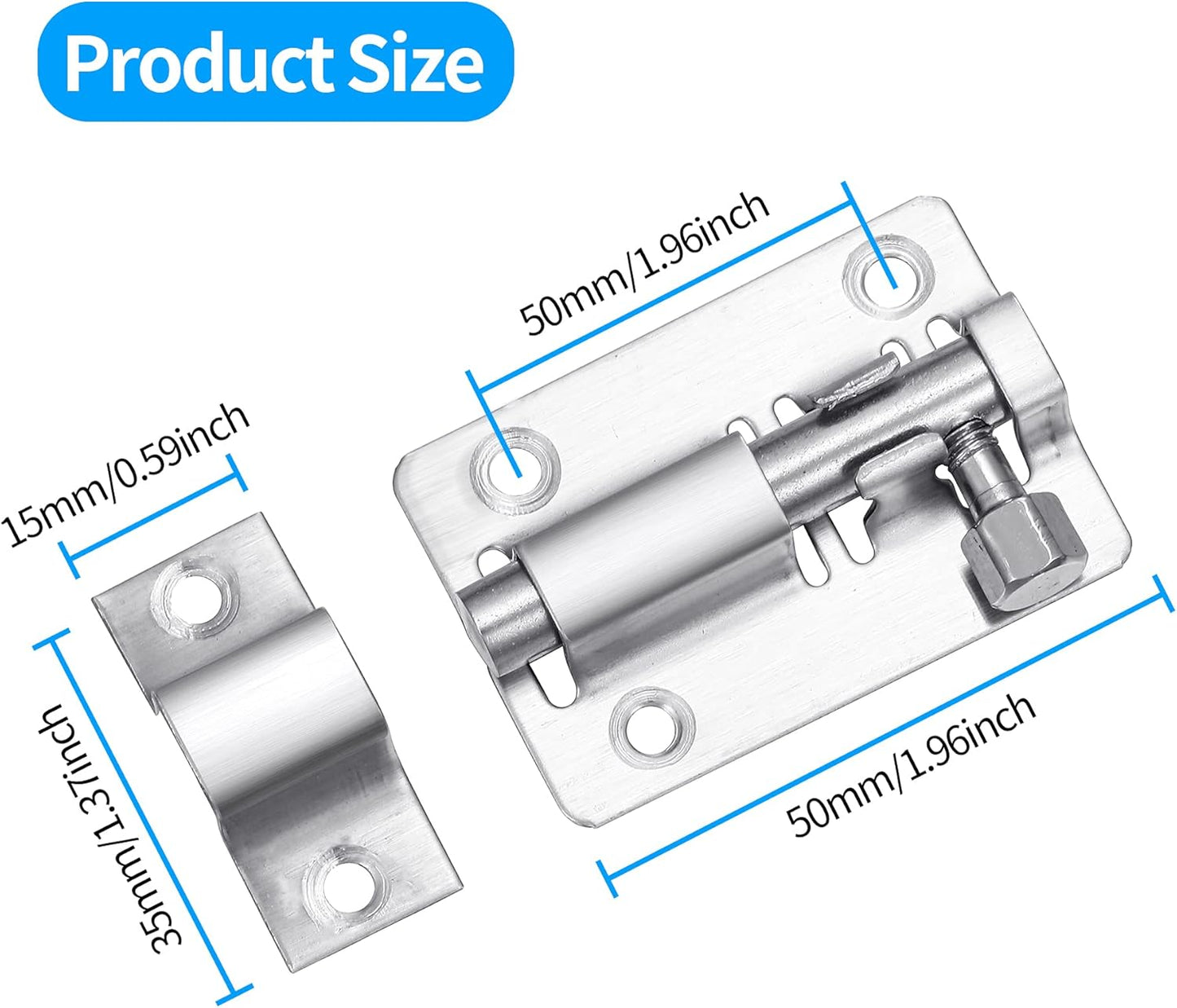 2 Pack Heavy Duty Stainless Steel Slide Latch Locks - 2 Inch Barrel Bolt Locks for Doors, Bedrooms, Chests, Cabinets, Windows, Fences - Includes Screws