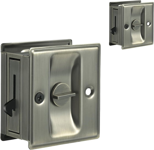 2 Pack HOMOTEK Privacy Sliding Door Lock with Pull - Easy Replacement for Old Pocket Door Locks Hardware, Antique Brass, 2-3/4”x2-1/2”