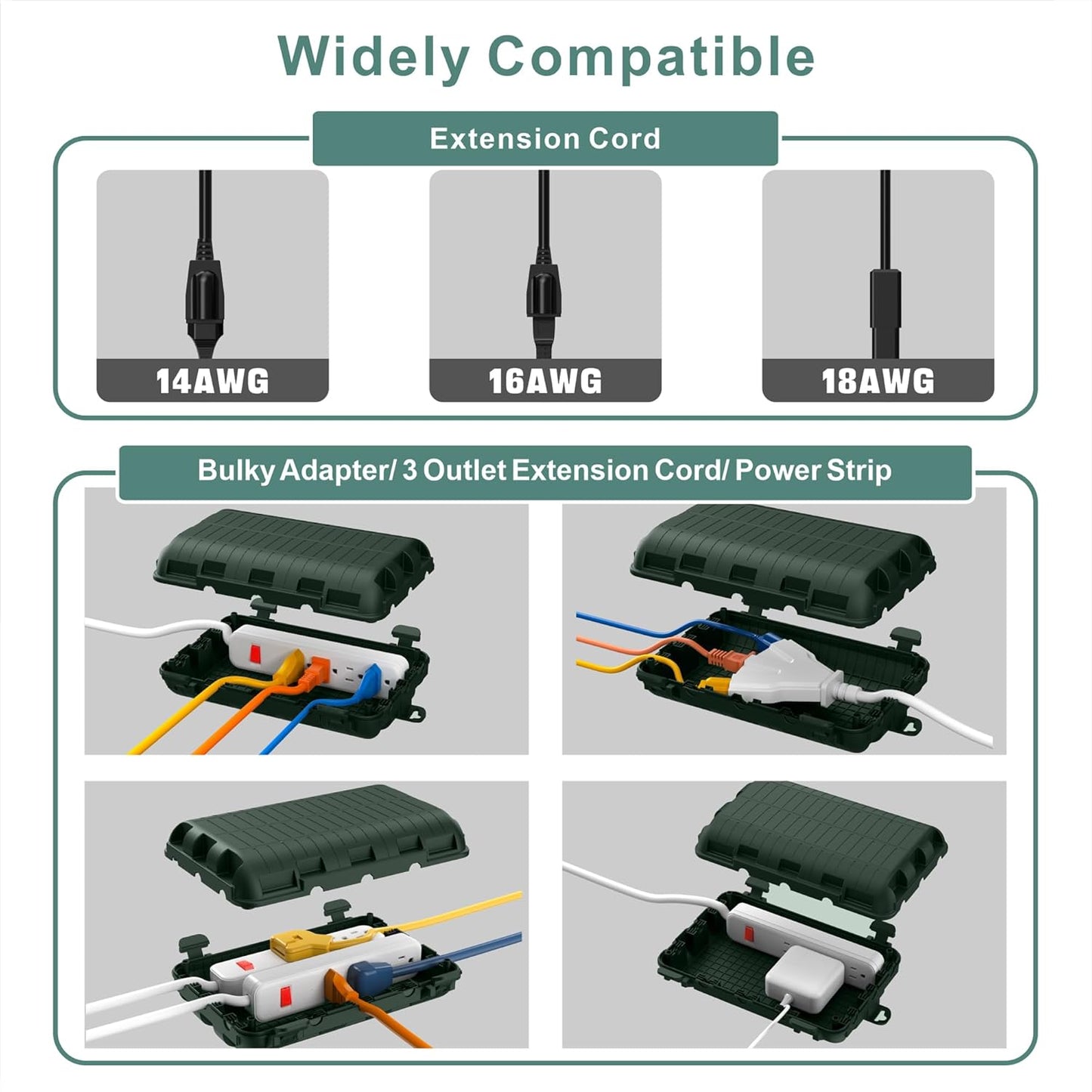 2 Pack HUNLEE Outdoor Waterproof Electrical Boxes for Power Strips, Holiday Lights, and Decorations - Large Extension Cord Cover with Plug Connection - IP54 Water-Resistant Safety Box in Green