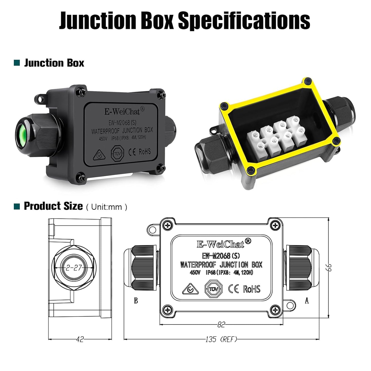 2 Pack IP68 Waterproof Outdoor Junction Box for Tunnel, Garden, and Landscape Lights - M25 Plastic Electrical Box